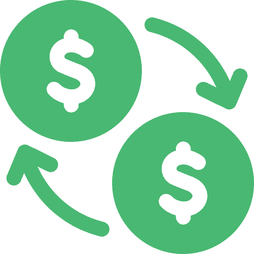 Two green dollar signs inside circles connected by curved arrows, symbolizing the concept of money transfer or currency exchange.