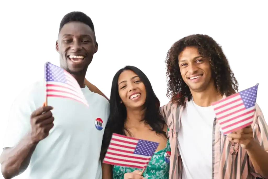 Three people smiling and holding American flags, with one wearing an "I Voted" sticker—celebrating their journey with the help of an immigration lawyer in Orlando.