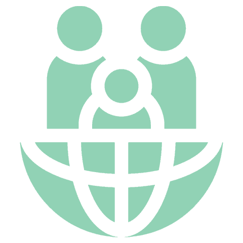 A simplified green icon shows two adults and one child above a globe, symbolizing family, global community, and the supportive role of an immigration lawyer in Orlando.