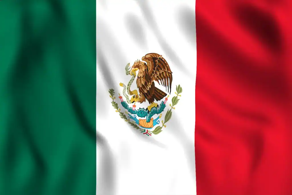 The flag of Mexico, often recognized by immigration lawyer in Orlando, features vertical green, white, and red stripes with a national coat of arms—a proud eagle clutching a snake atop a cactus—at the center.