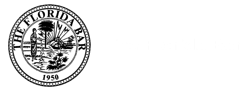 Black and white seal of The Florida Bar with a depiction of a palm tree, shoreline, sun, and "1950" at the bottom; "The Florida Bar" text to the right.