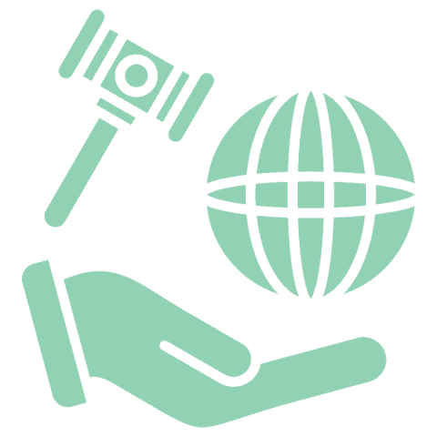 A graphic of a hand holding a globe with a gavel above, symbolizing global law or international justice—perfect for an immigration lawyer in Orlando.
