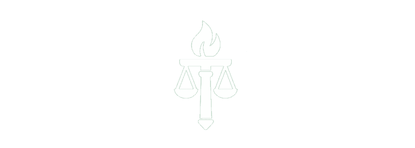 A graphic of a torch with balanced scales hanging from each side, symbolizing justice.