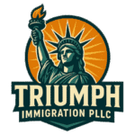 Illustration of the Statue of Liberty holding a torch, with rays in the background, and the text "Triumph Immigration PLLC" below.